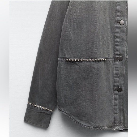 Women Zara Rhinestone Denim Overshirt Size XS - Picture 10 of 11